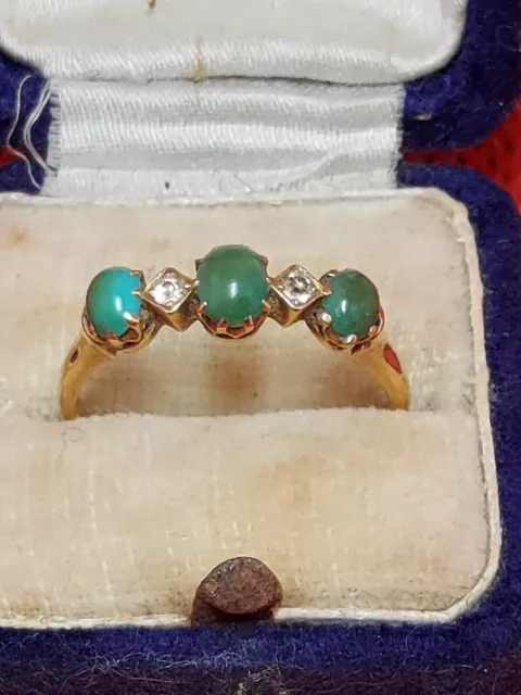 Antique 18ct Gold Ring Set With Persian Green Turquoise And Diamonds. Size  P