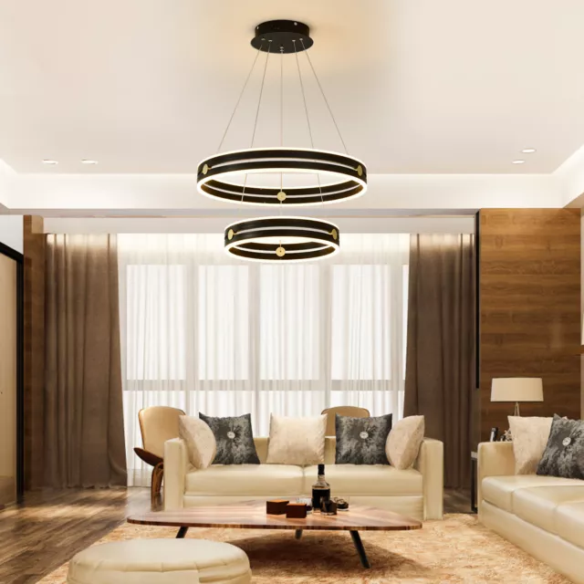 NEW Modern LED Chandelier 2 Ring Pendant Lighting Adjustable + Remote Control