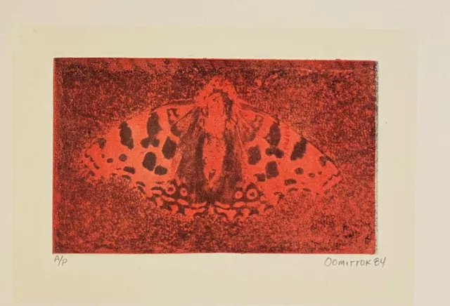 Inupiaq Artist Othniel  Ommittuk original etching signed Red Moth aquatint  A/P