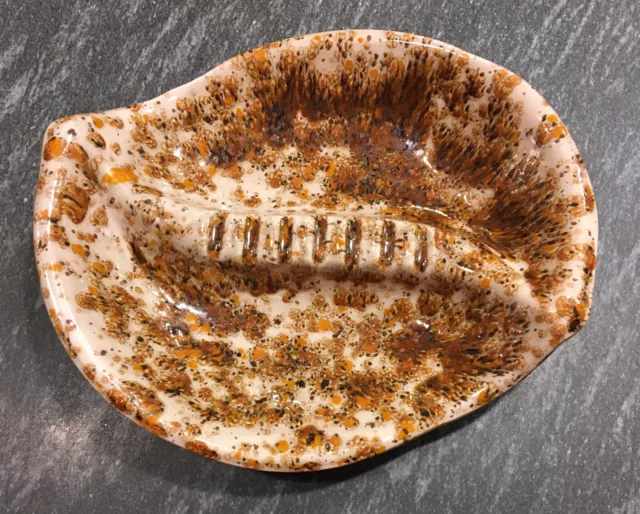 VINTAGE MCM MID CENTURY MODERN CERAMIC GLAZE SPECKLED ASHTRAY BROWN 10.5"x9”