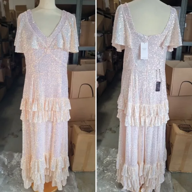 Jo By Joanna Hope Ice Pink Sequin Tiered Maxi Dress - Size 16 / BNWT