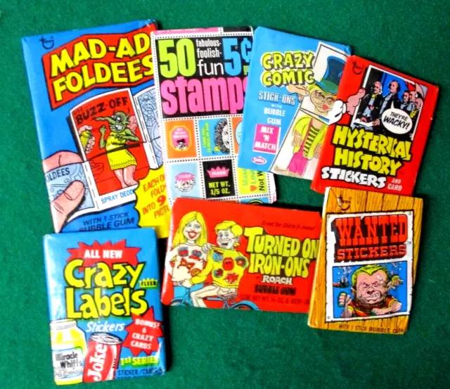 Vintage Trading Card Wax Pack Lot  7   Wanted,Mad Ad Foldee Crazy Labels Tv Hits