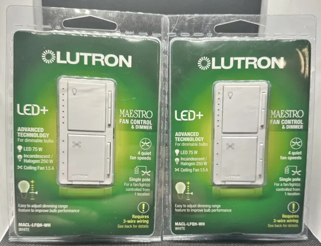 Lot Of (2) Lutron Maestro Fan Control and Light Dimmer - White