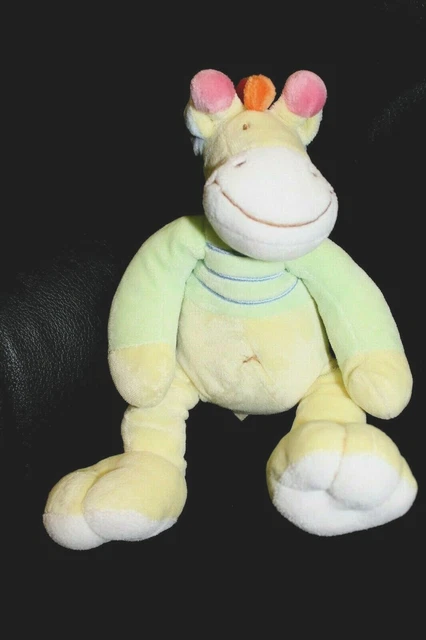 Doudou girafe jaune vert MOTS D'ENFANTS brodé trait bleu 28 cm TBE