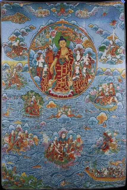 Chinese Tibetan Knitted Embroidery Textiles Buddha Crossing The Sea Thangka93007