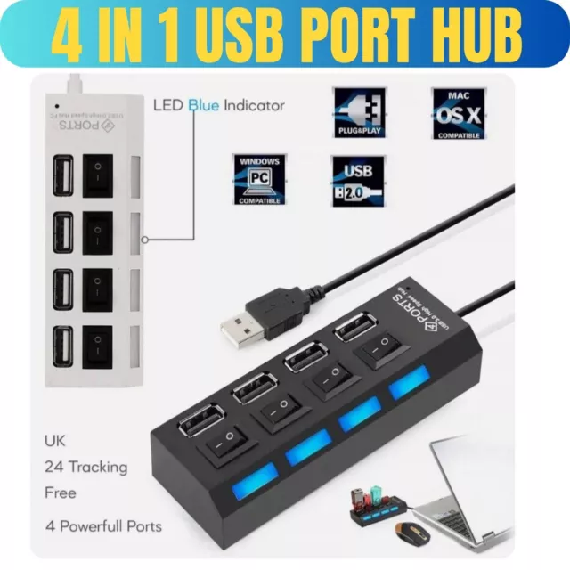 High Speed 4 Port USB 2.0 Multi Hub Splitter Expansion Desktop PC Laptop Adapter