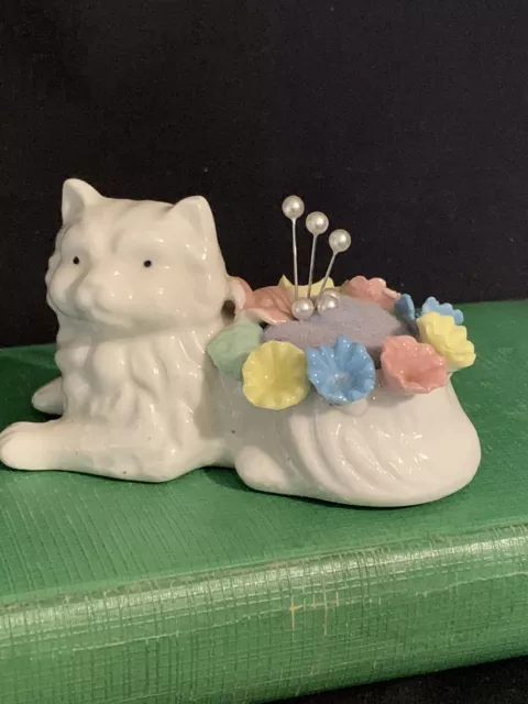 Vintage Cat Pin Cushion Floral Porcelain Multicolor