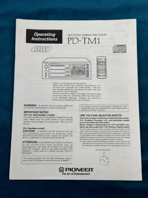 Pioneer 18 Disc Multi-Play Compact Disc Player PD-TM1 - Instruction Manual Book