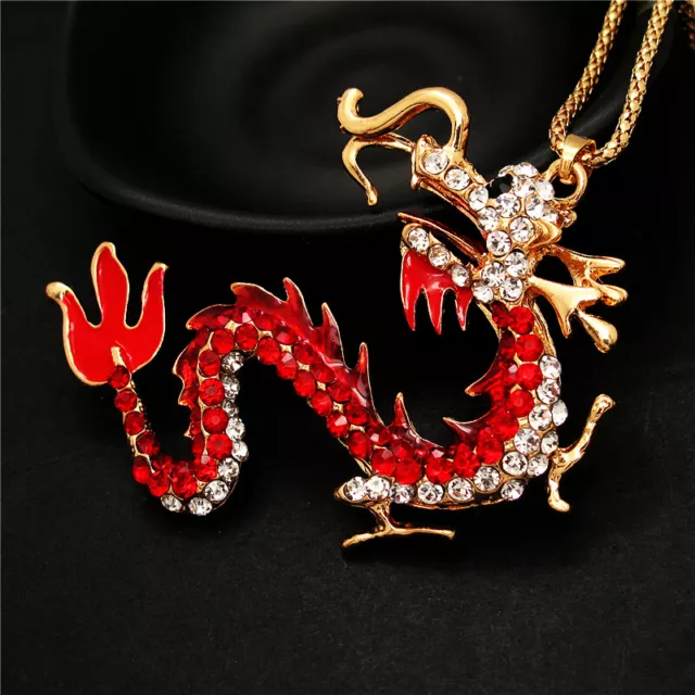 Fashion Women Shiny Crystal Red Enamel Dragon Pendant Long Chain Necklace Gift