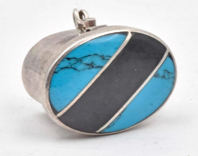 Vintage Mexico Sterling Silver Turquoise & Black Onyx Pill Box Unisex Mexican