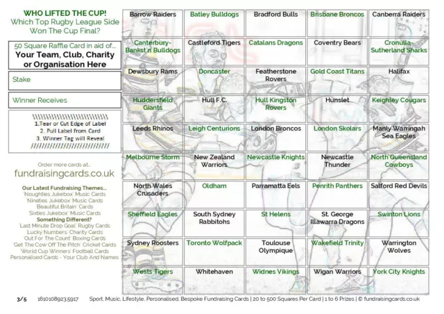 Rugby League Fundraising Cards Cup Winners 10 Pack A5 Club Charity Scratch Draw 3
