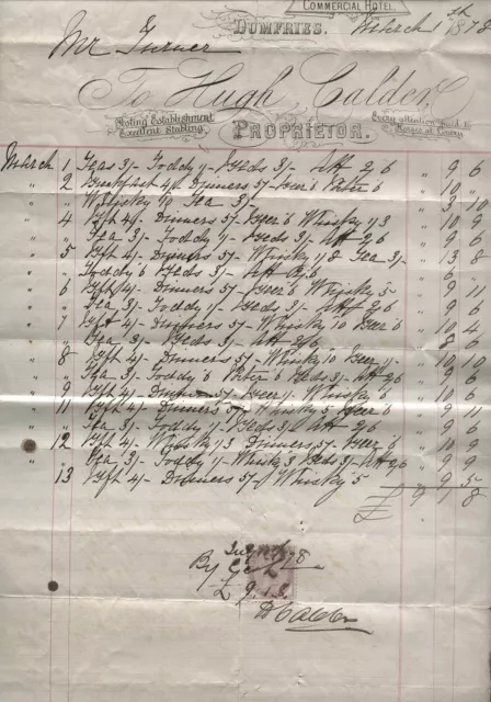 1878 DUMFRIES COMMERCIAL HOTEL, PROPr. HUGH CALDER, TO MR. TURNER, POSTING HOUSE
