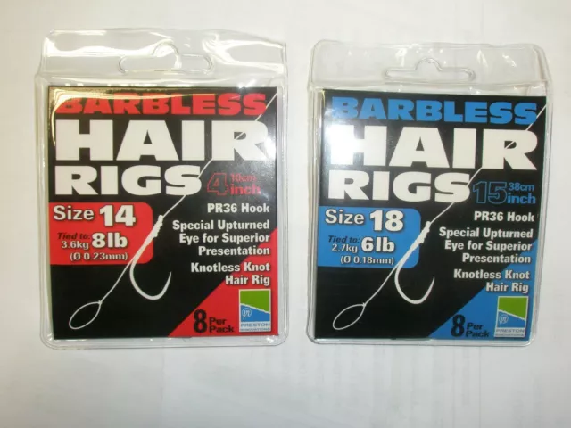 Preston Barbless Hair Rigs to Nylon 2 x 8pk ALL VARIETIES Fishing tackle