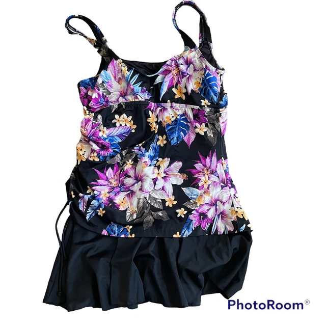 Rose Marie Reid Swimsuit Women SZ L One Piece Floral Skirt Multicolor Swimdress