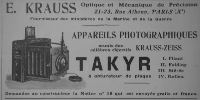 Publicité De Presse 1908 Krauss-Zeiss Appareils Photographiques - Advertising