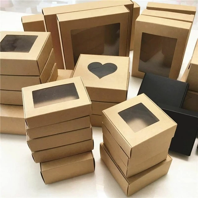50pcs Papier Mariage Cadeau Boite Kraft Cookies Bonbon PVC Windows Boîtes B