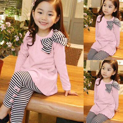 Toddler Girls Kids Long Sleeve Bow Blouse Shirt+Stripe Pants Trouser Outfits Set