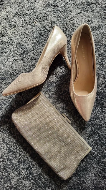 Scarpe scintillanti da donna oro taglia 7 tacchi e quiz borsa usata nuova in metallo