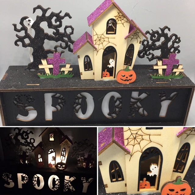 HALLOWEEN HAUNTED HOUSE Village LED Lighted SPOOKY Wooden DieCut