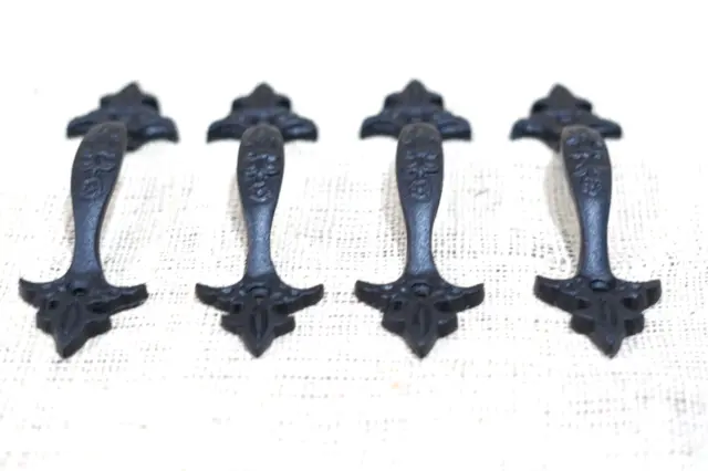 4 Cast Iron Black Handles Gate Pull Shed Door Barn Handle Fancy Drawer Pulls 3