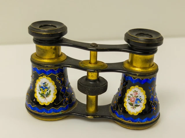 Antique Enamel and Bronze Opera Glasses Guilloche and Floral Design Gilded