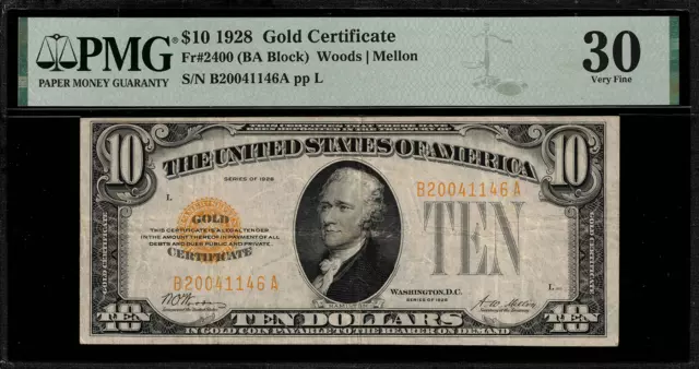 1928 $10 Gold Certificate FR-2400 - Graded PMG 30 - Rare BA Block