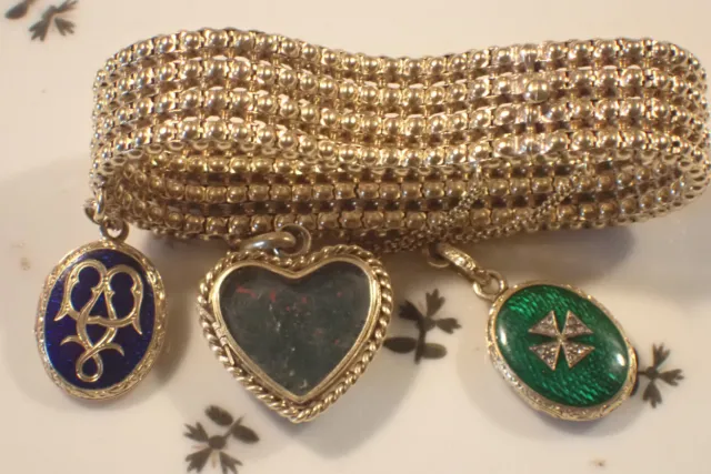 Rare Bracelet Vintage Ancien OR 18K Diamants 3 breloques porte bonheur 49 grs!