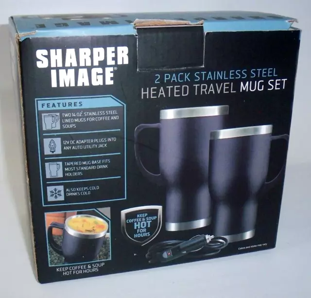 Sharper Image 2 Pack Stainless Steel Heated Travel Mug Set Black 14oz 12V New! 3