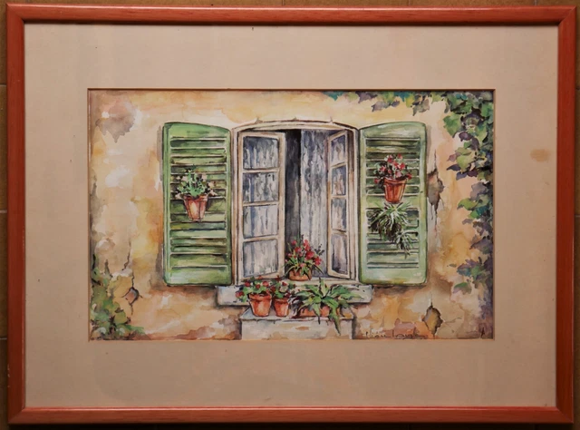 TABLEAU AQUARELLE DE Liliane Laugé: fenêtre fleurie EUR 8,00 - FR