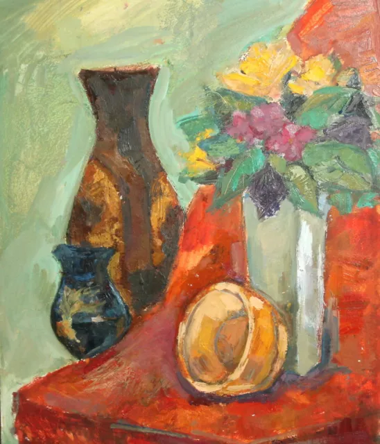 Vintage Ölgemälde Stillleben mit Vasen, Schüssel und Blumen
