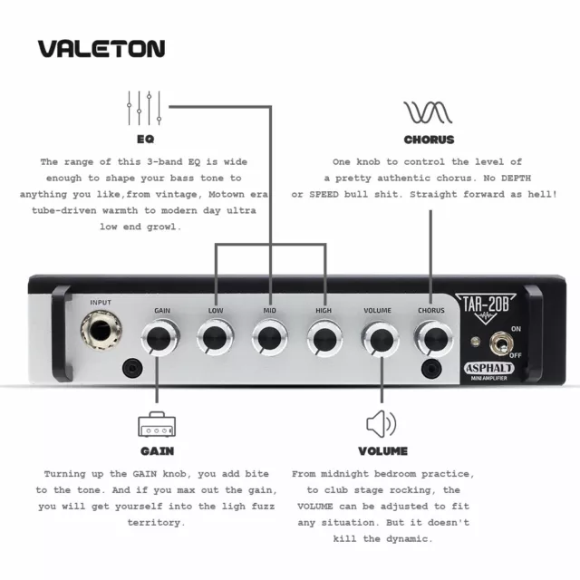 Valeton Bass Guitar Amp Pedal with Chorus Distortion Overdrive Asphalt TAR-20B 2