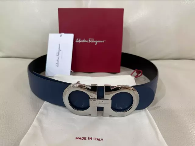 Reversible Blue/Black Salvatore Ferragamo Leather Belt XL Silver  Buckle