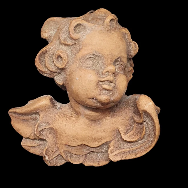 Antique French Carved Wood Cherub Angel Head Baroque Wall Plaque Italian Vintage