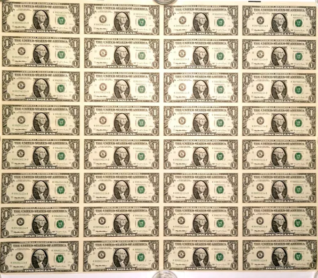 $1 Dollar Bills Uncut Currency Sheet of 32 Notes 1995 Series K- Dallas, TX.