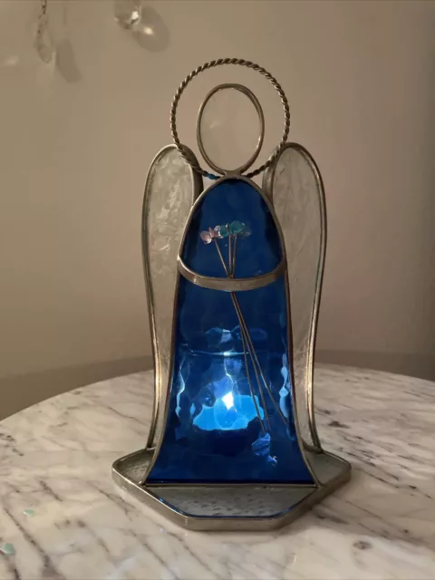 VTG Stained CoBalt Blue Art Glass Angel Figurine Flowers Candle Holder Tealight