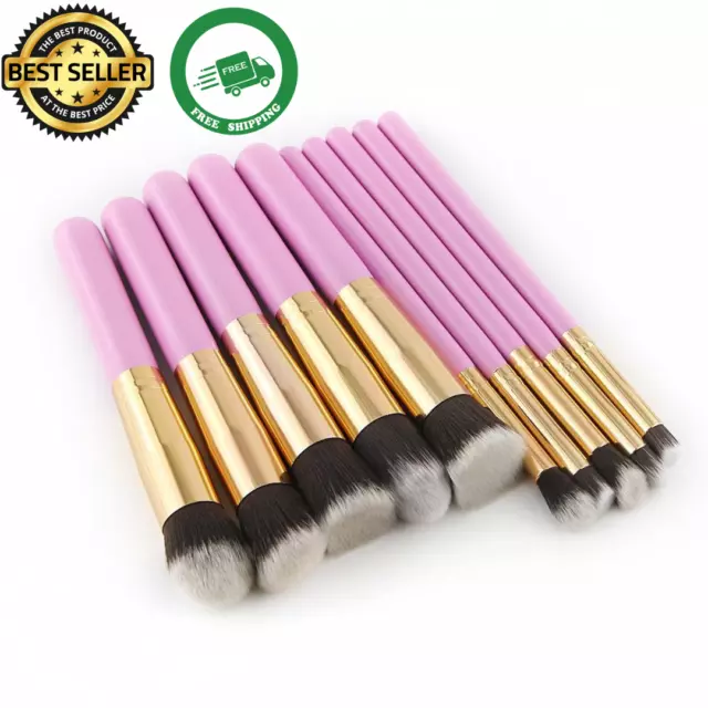 10 Pcs Travel Mini Makeup Brush Set Face Powder Foundation Eyeshadow (Pink Gold)