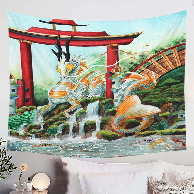 Japanese Garden Koi Fish and Dragon Tapestry
