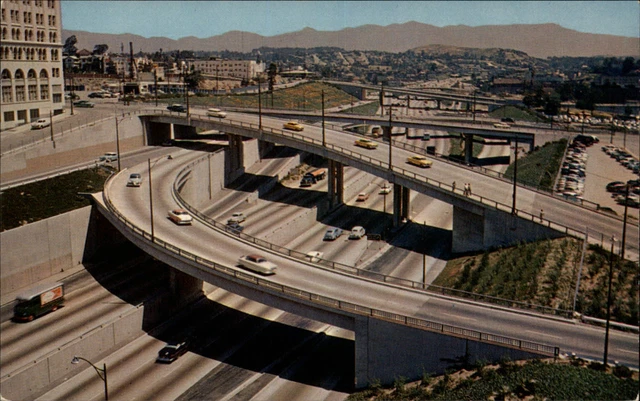 California Los Angeles Harbor Freeway 1950s cars aerial view ~ postcard sku429