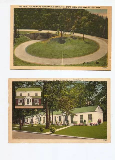 2 Vintage Postcards Gap Highway Smokey Mtns, Williamsburg Va Motel