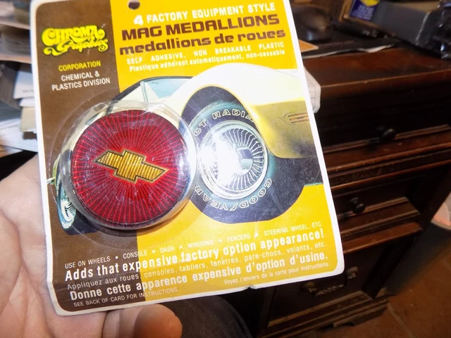 NOS Chroma Graphics mag medallions, wheel center cap stickers, Chevy bow 2 1/8"