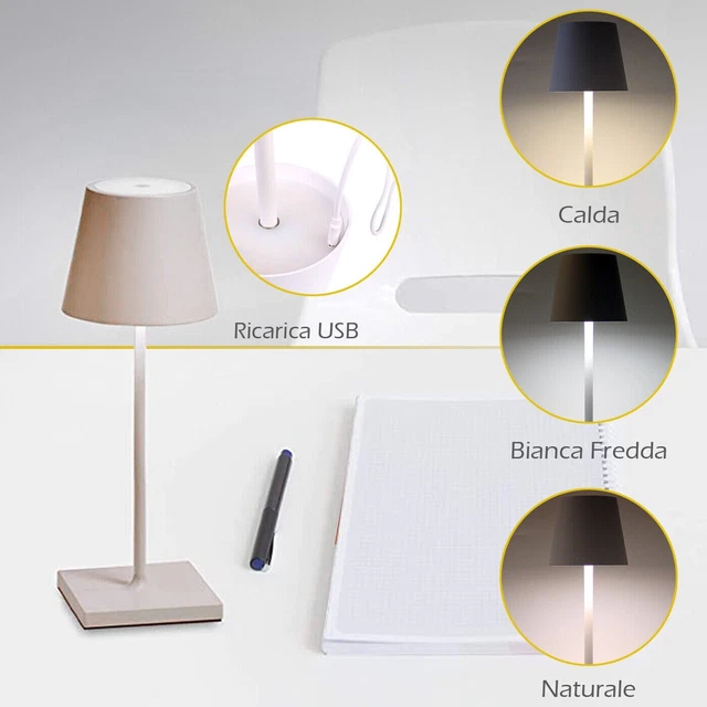Lampada da tavolo led ricaricabile poldina oro nera bianca grigia 4000k 6400k ok 4
