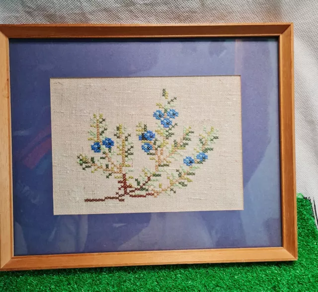 VINTAGE HAND EMBROIDERED Floral  "Crowberries" PICTURE FRAMED signed 1976