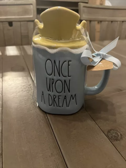 Rae Dunn Disney "ONCE UPON A DREAM" Blue Mug With Crown Topper Brand New