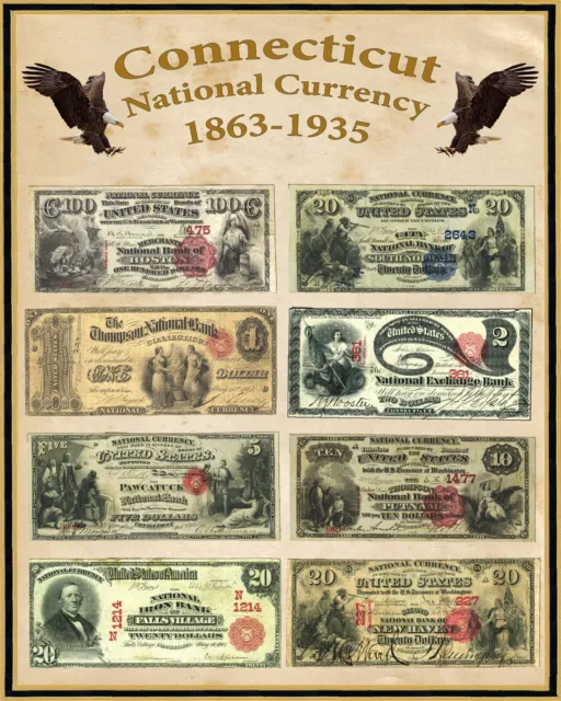 Connecticut National CurrencyPoster 1863-1935 16"X20" No Serial Numbers on Notes