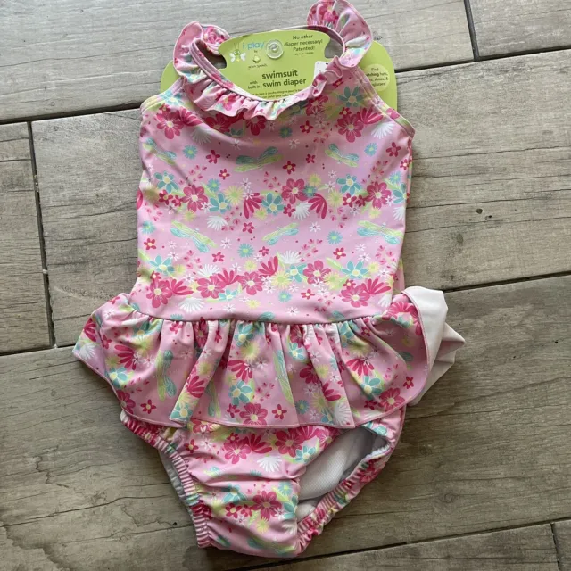 I Play Toddler Girl Swimsuit Swim Diaper Pink Floral Size 4T