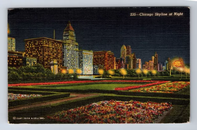 Chicago IL-Illinois, Skyline At Night, Antique, Vintage c1951 Postcard