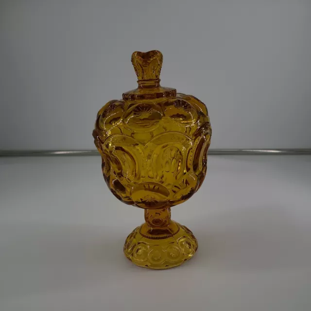 LE Smith Glass Moon & Stars Compote Amber Pedestal Covered Bowl Candy Dish AS IS