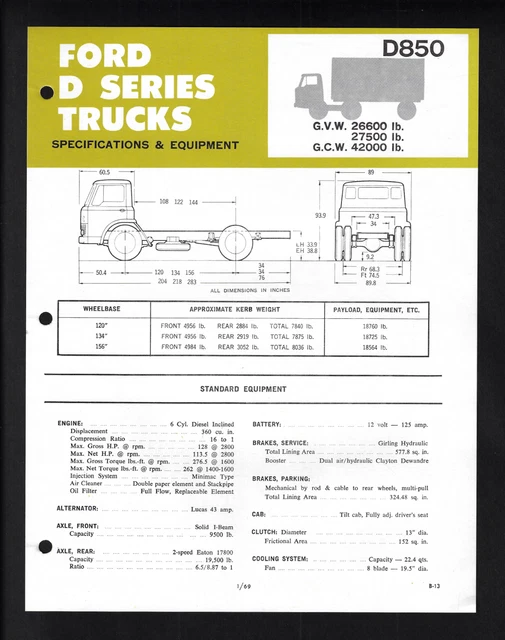 Ford Engineering Specifications FORD D SERIES Trucks D850 Specifications Brochure 01/69 $27.50 ...