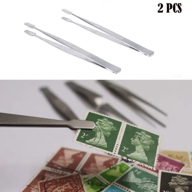 2*Stamp Tweezers Philately Stamps Collector Tools Silver Tong-Straight Spade Pop
