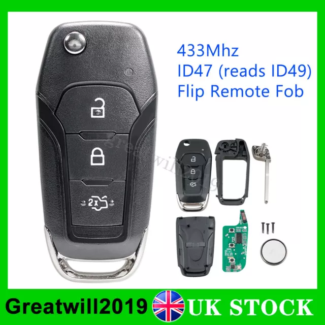 433MHz Remote Key Fob ID47 For Ford Transit Connect Ranger 2016 2017 2018 2019